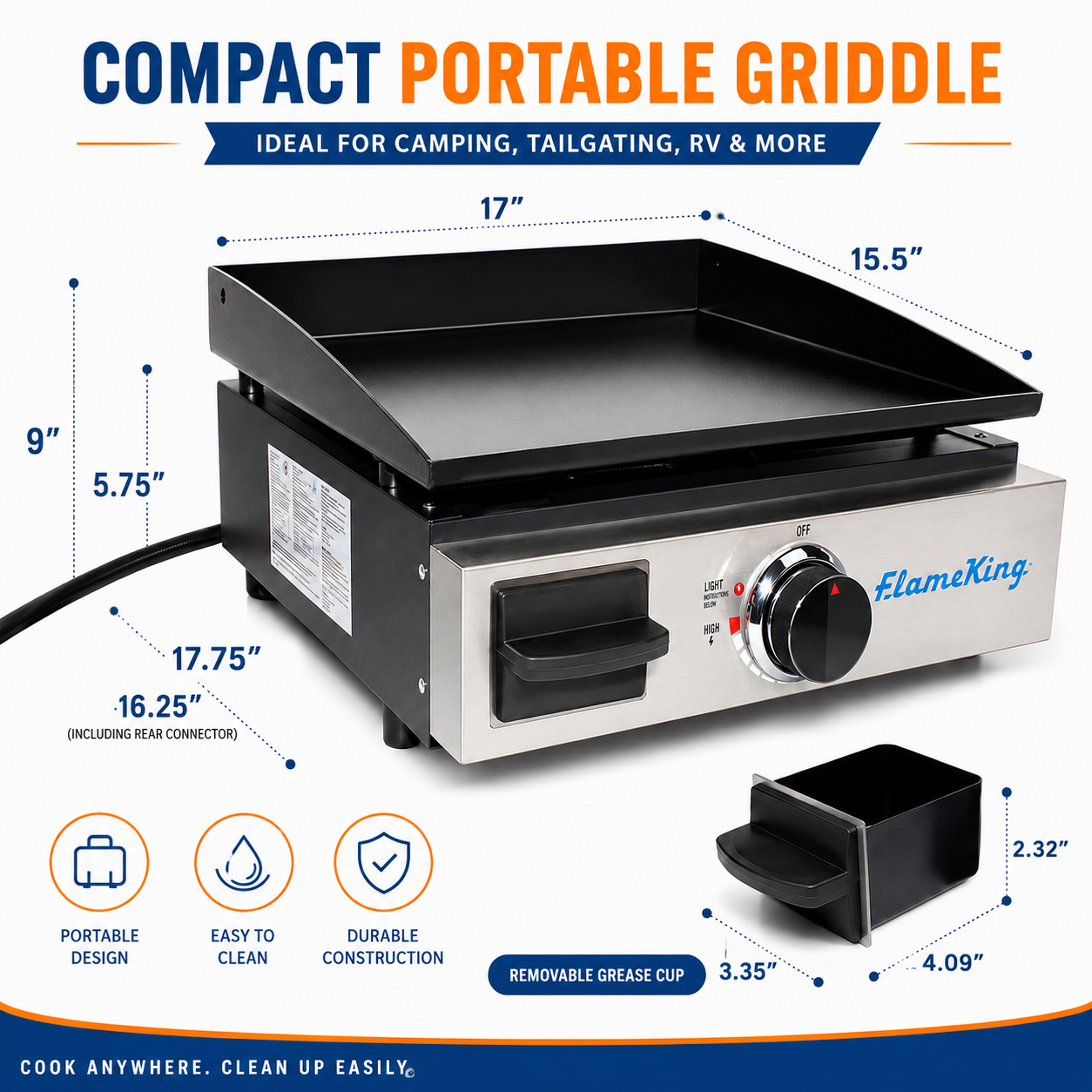 Flame King 17 inch LP Griddle with Small Regulator for RV pullout