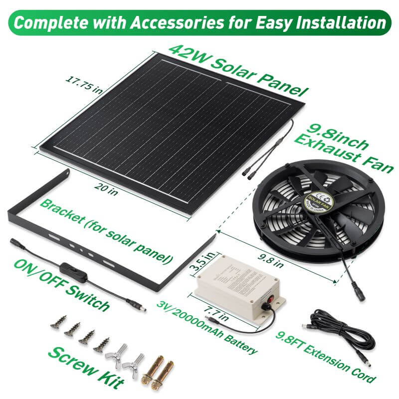 10" Solar Exhaust Intake Fan with Battery&amp;42W Solar Panel