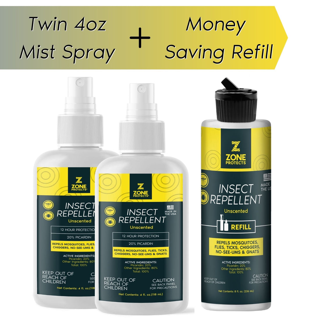 Insect Repellent, Picaridin Unscented Bundle 2 Pack of 4oz + Refill