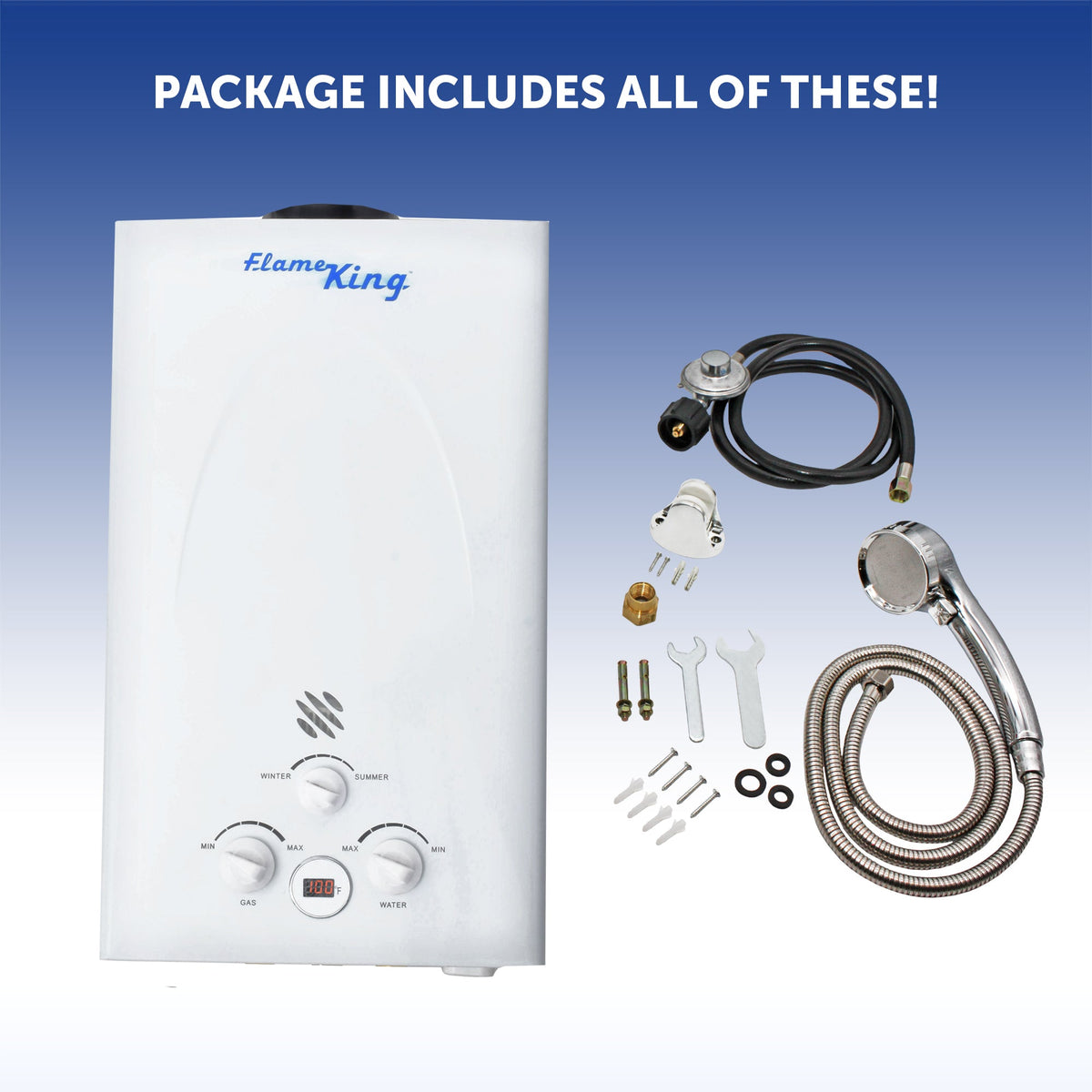 Flame King Tankless Outdoor Portable Camping Hot Shower Propane Gas 10L 2.64GPM Water Heater 68,000 BTU