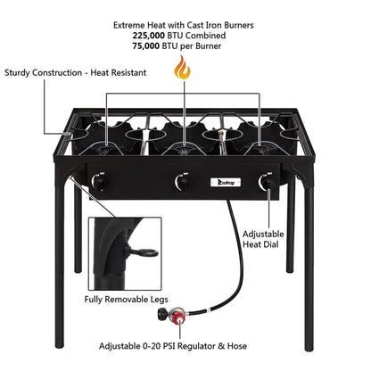 225,000 BTU Outdoor Propane Camp Stove – 3 Burner Cooker